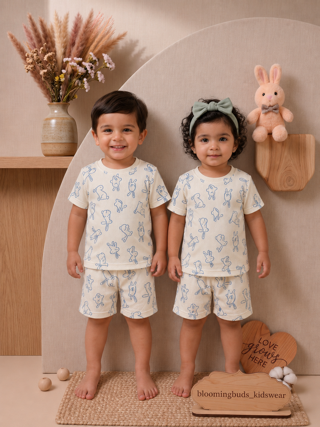 White Bunny Sketch Unisex Co-ord Shorts Set