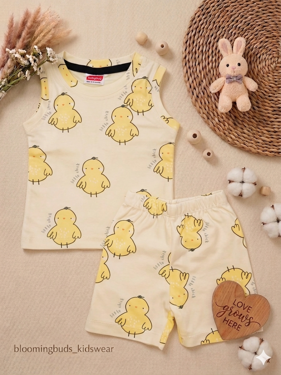 Yellow Chick Print Unisex Sleeveless Co-ord Shorts Set