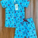 Balloon Buddy Fun Set – Blue T-Shirt & Shorts with Cartoon Animal and Balloons Print