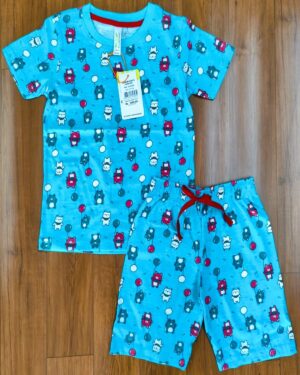 Balloon Buddy Fun Set – Blue T-Shirt & Shorts with Cartoon Animal and Balloons Print