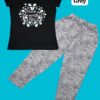 Beautiful Day Blossom Girls’ Pyjama Set – Dark Davy Grey T-Shirt & Greige Brown Printed Pyjama