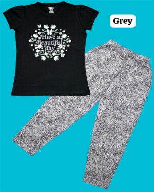 Beautiful Day Blossom Girls’ Pyjama Set – Dark Davy Grey T-Shirt & Greige Brown Printed Pyjama