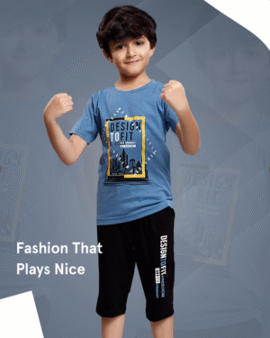 Boys Airforce Blue T-Shirt & Black Capri Set – Cotton Bio-Wash Casual Wear