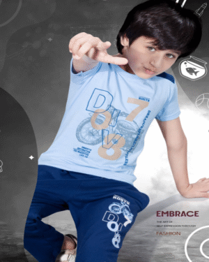 Boys Alice Blue T-Shirt & Oxford Blue Full Pant Set – Cotton Bio-Wash Casual Wear