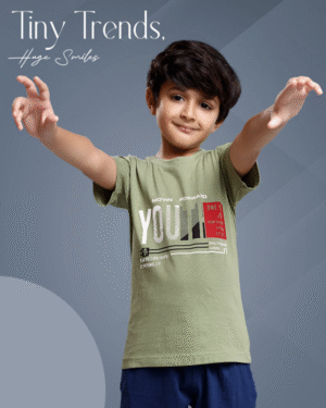 Boys Asparagus Green T-Shirt & Oxford Blue Capri Set – Cotton Bio-Wash Casual Wear