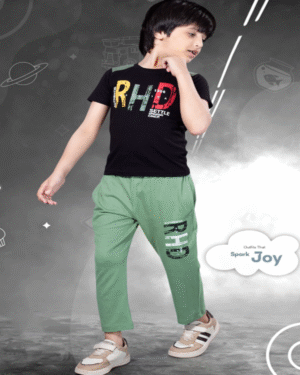 Boys Black T-Shirt & Jade Full Pant Set – Cotton Bio-Wash Casual Wear