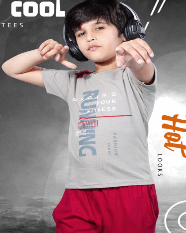 Boys Dark Bone White T-Shirt & Cherry Red Full Pant Set – Cotton Bio-Wash Casual Wear