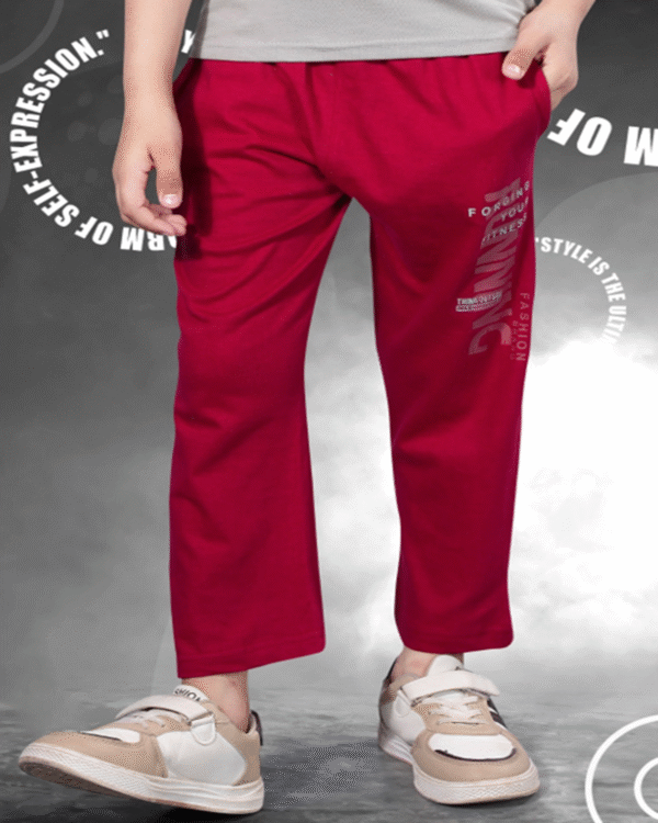 Boys Dark Bone White T-Shirt & Cherry Red Full Pant Set – Cotton Bio-Wash Casual Wear Pant