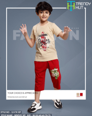Boys Dark Cream T-Shirt & Ruby Red Capri Set – Cotton Bio-Wash Casual Wear