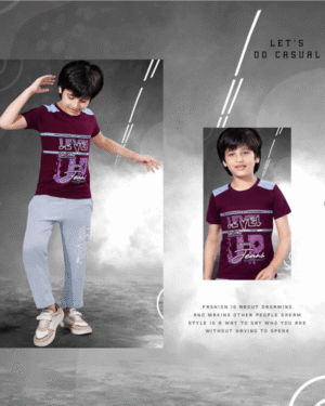Boys Dark Mulberry T-Shirt & Cloud Ash Full Pant Set – Cotton Bio-Wash Casual Wear