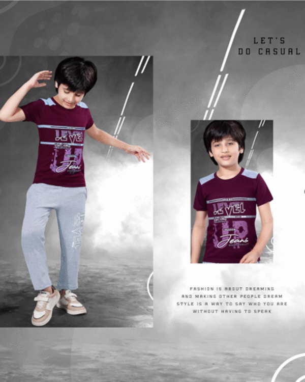 Boys Dark Mulberry T-Shirt & Cloud Ash Full Pant Set – Cotton Bio-Wash Casual Wear