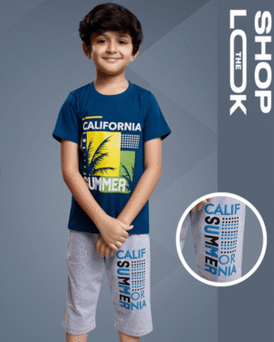 Boys Deep Teal T-Shirt & Cloud Capri Set – Cotton Bio-Wash Casual Wear