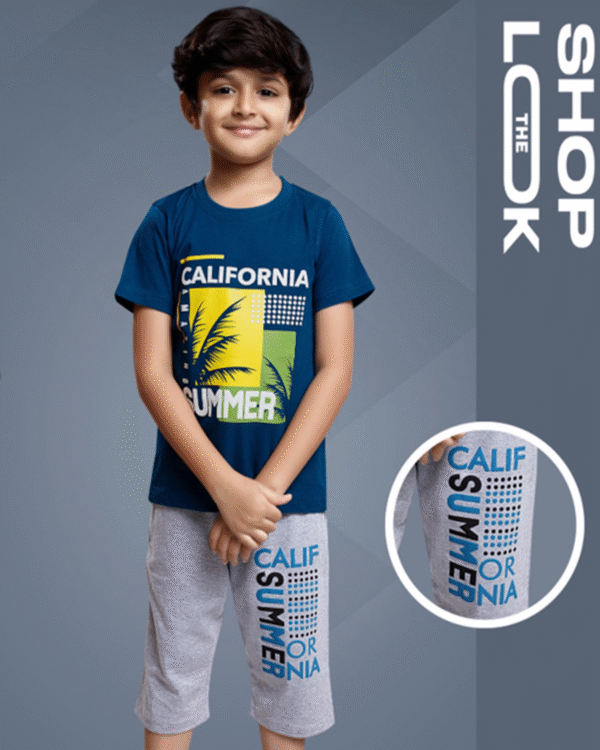 Boys Deep Teal T-Shirt & Cloud Capri Set – Cotton Bio-Wash Casual Wear