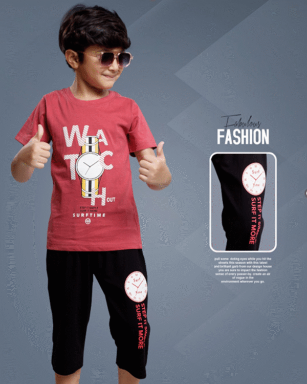 Boys Pale Claret T-Shirt & Black Capri Set – Cotton Bio-Wash Casual Wear