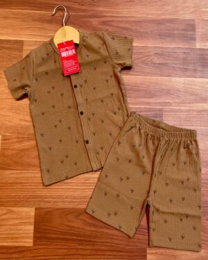 Brown Tiny Hearts Kids Front Open Co-ord Shorts Set