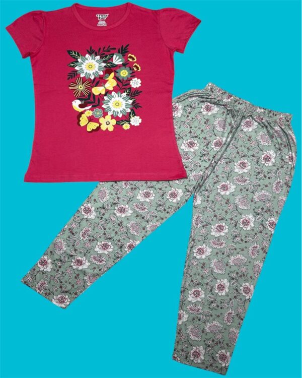 Butterfly Blossom Garden Girls’ Pyjama Set – Cerise Pink T-Shirt & Cloud White Printed Pyjama Set