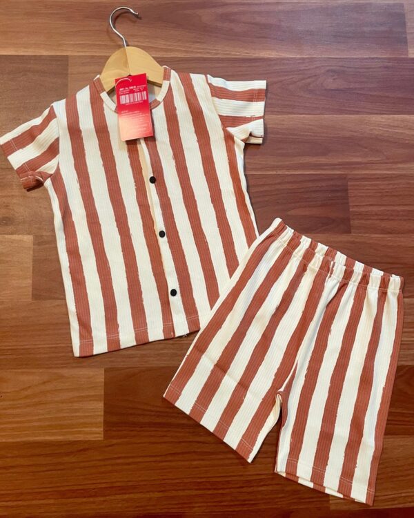 Cinnamon Stripes Half White Kids Front Open Casual Co-ord Shorts Set
