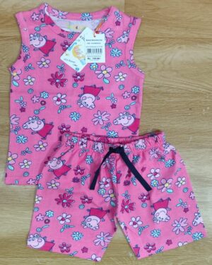 Cute Piggy Blossom Sleeveless Set – Pink Floral & Cartoon Pig Print Co-ord