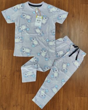 Cute Polar Bear Print Lavender Kids Casual Co-ord Pant Set