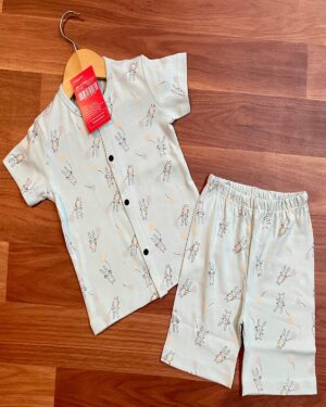 Dancing Bunny Pale Green Kids Front Open Co-ord Shorts Set