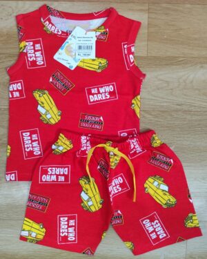 Daredevil Wheels Red Sleeveless Co-ord Set – Yellow Car & Slogan Print