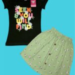 Dark Green Floral Print Girls T-Shirt & Pale Green Skirt – Cotton Casual Wear
