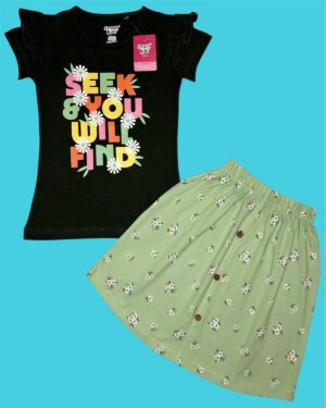 Dark Green Floral Print Girls T-Shirt & Pale Green Skirt – Cotton Casual Wear