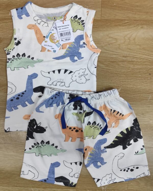 Dino Explorer Sleeveless Co-ord Set – White Multicolor Cartoon Dinosaur Print