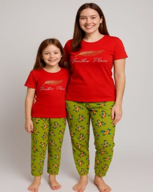 Feather Place Red & Green Mom-Daughter Pyjama Set