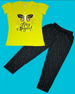 Girls Chartreuse Yellow Stay Magical Butterfly T-Shirt & Black Printed Pyjama – Comfort Nightwear Set
