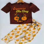 Girls Chocolate T-Shirt with Orange Slice Print & Pale Orange Printed Pyjama Set