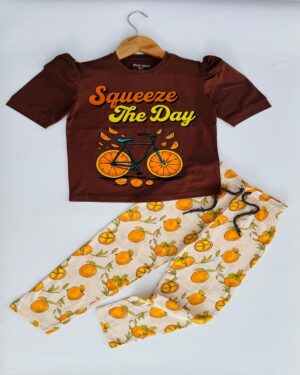 Girls Chocolate T-Shirt with Orange Slice Print & Pale Orange Printed Pyjama Set