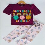 Girls Dark Rouge Smiley Print T-Shirt & Pale Pink Printed Pyjama Set