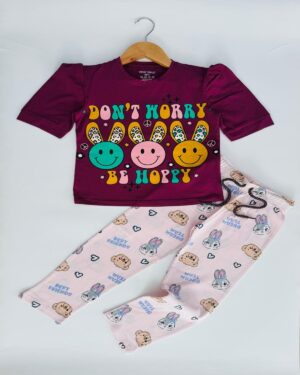 Girls Dark Rouge Smiley Print T-Shirt & Pale Pink Printed Pyjama Set
