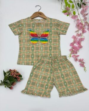 Girls Green Rainbow Butterfly T-Shirt & Frill Shorts – Trendy Co-ord Set