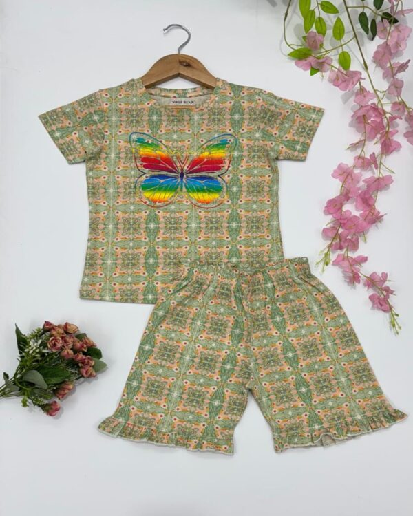 Girls Green Rainbow Butterfly T-Shirt & Frill Shorts – Trendy Co-ord Set