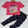 Girls Pale Watermelon Pink Floral T-Shirt & Navy Blue Printed Pajama Set