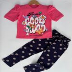 Girls Pale Watermelon Pink Floral T-Shirt & Navy Blue Printed Pajama Set