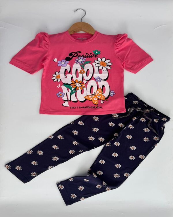 Girls Pale Watermelon Pink Floral T-Shirt & Navy Blue Printed Pajama Set