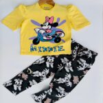 Girls Pale Yellow Mickey Print T-Shirt & Black Printed Pyjama Set