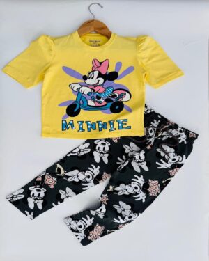 Girls Pale Yellow Mickey Print T-Shirt & Black Printed Pyjama Set