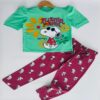 Girls Paris Green Cartoon Print T-Shirt & Rough Printed Pyjama Set