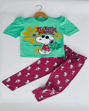 Girls Paris Green Cartoon Print T-Shirt & Rough Printed Pyjama Set
