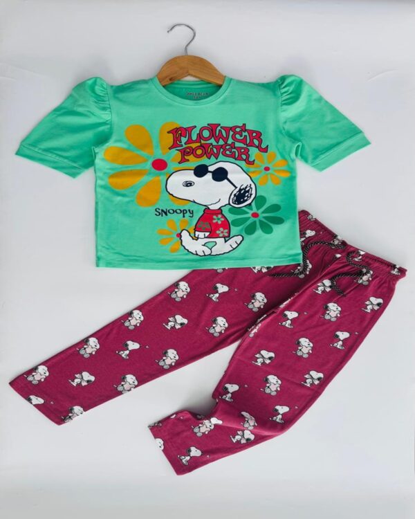 Girls Paris Green Cartoon Print T-Shirt & Rough Printed Pyjama Set