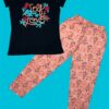 Girls Self Love Blossom Pyjama Set – Black T-Shirt & Apricot Orange Printed Pyjama