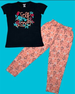 Girls Self Love Blossom Pyjama Set – Black T-Shirt & Apricot Orange Printed Pyjama
