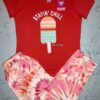 Girls Stayin’ Chill Ice Cream Vermillion Orange T-Shirt & Tie-Dye Pyjama