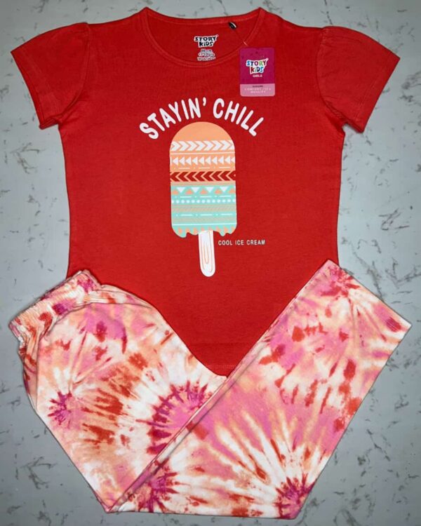 Girls Stayin’ Chill Ice Cream Vermillion Orange T-Shirt & Tie-Dye Pyjama