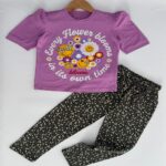 Girls Thulian Pink Flower Print T-Shirt & Black Printed Pyjama Set