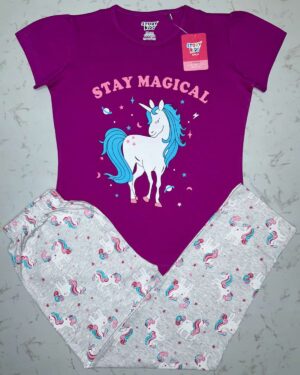 Girls Unicorn Dreamland Stay Magical Pompadour Purple T-Shirt & Chalk White Pyjama